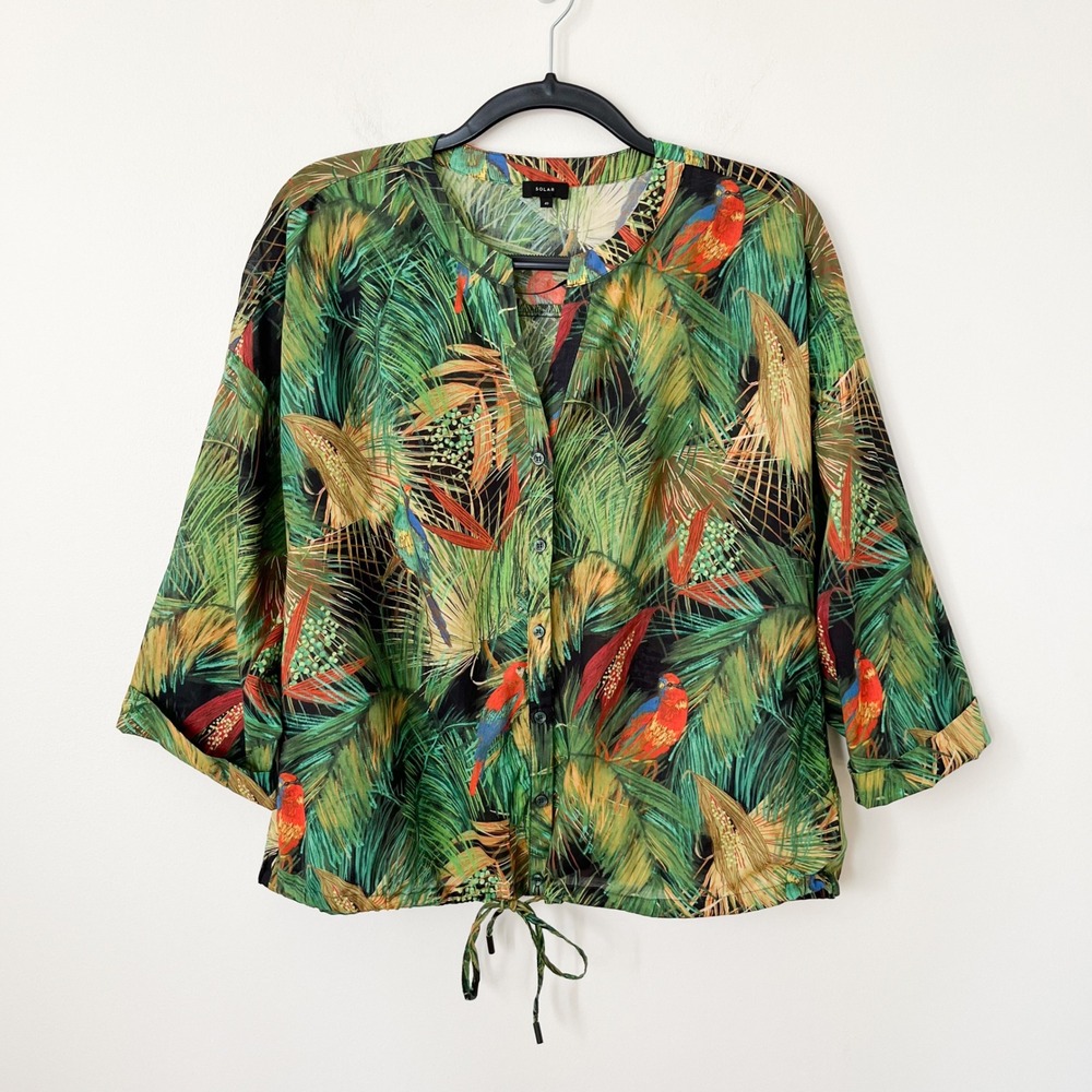 NWOT Solar Poland Tropical Parrot Print Blouse Top Drawstring Hem Womens 8 Green